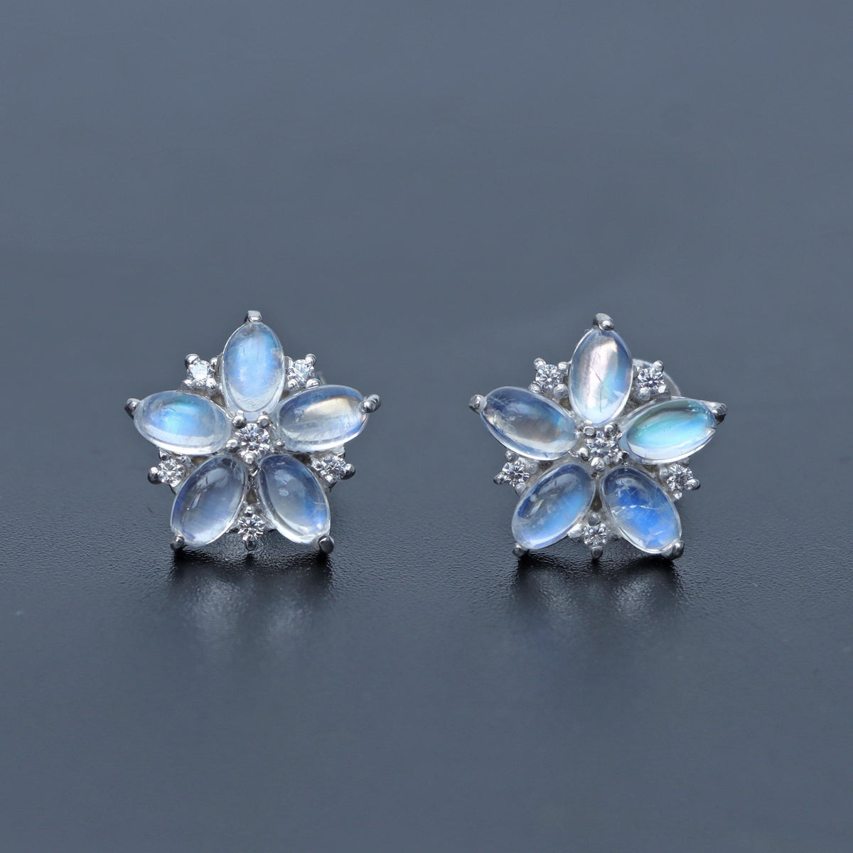 Rainbow Moonstone Floral Stud Earrings: 925 Sterling Silver