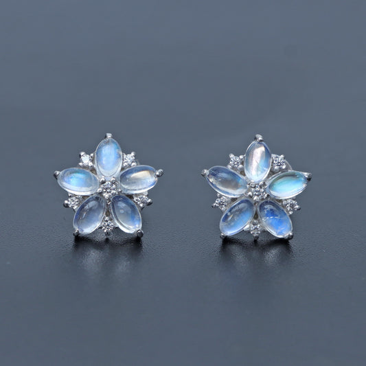 Rainbow Moonstone Floral Stud Earrings: 925 Sterling Silver