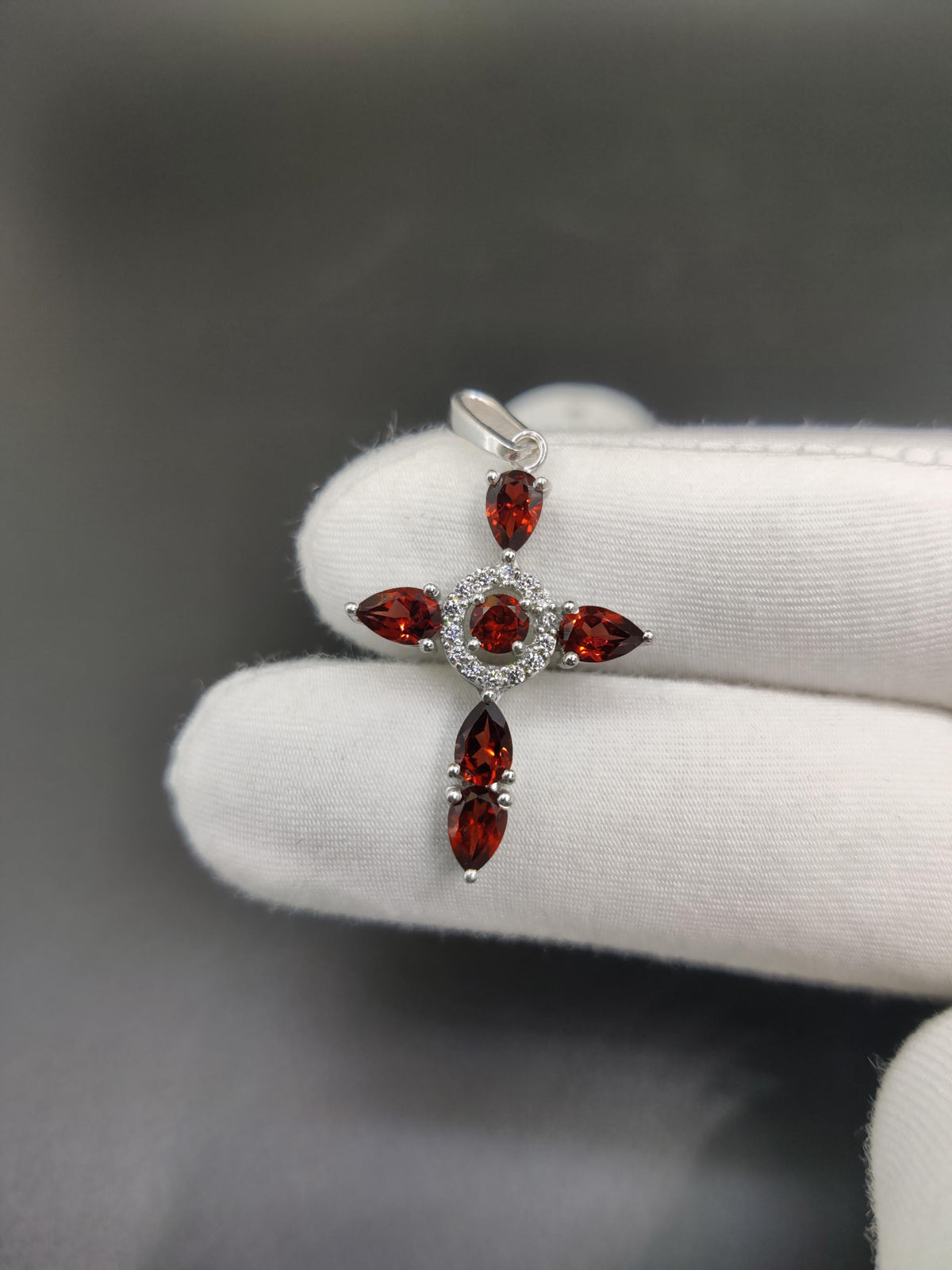 Garnet Cross Pendant: Pear Cut Gemstone, Sterling Silver