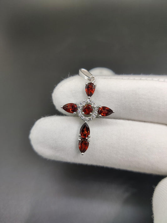 Garnet Cross Pendant: Pear Cut Gemstone, Sterling Silver