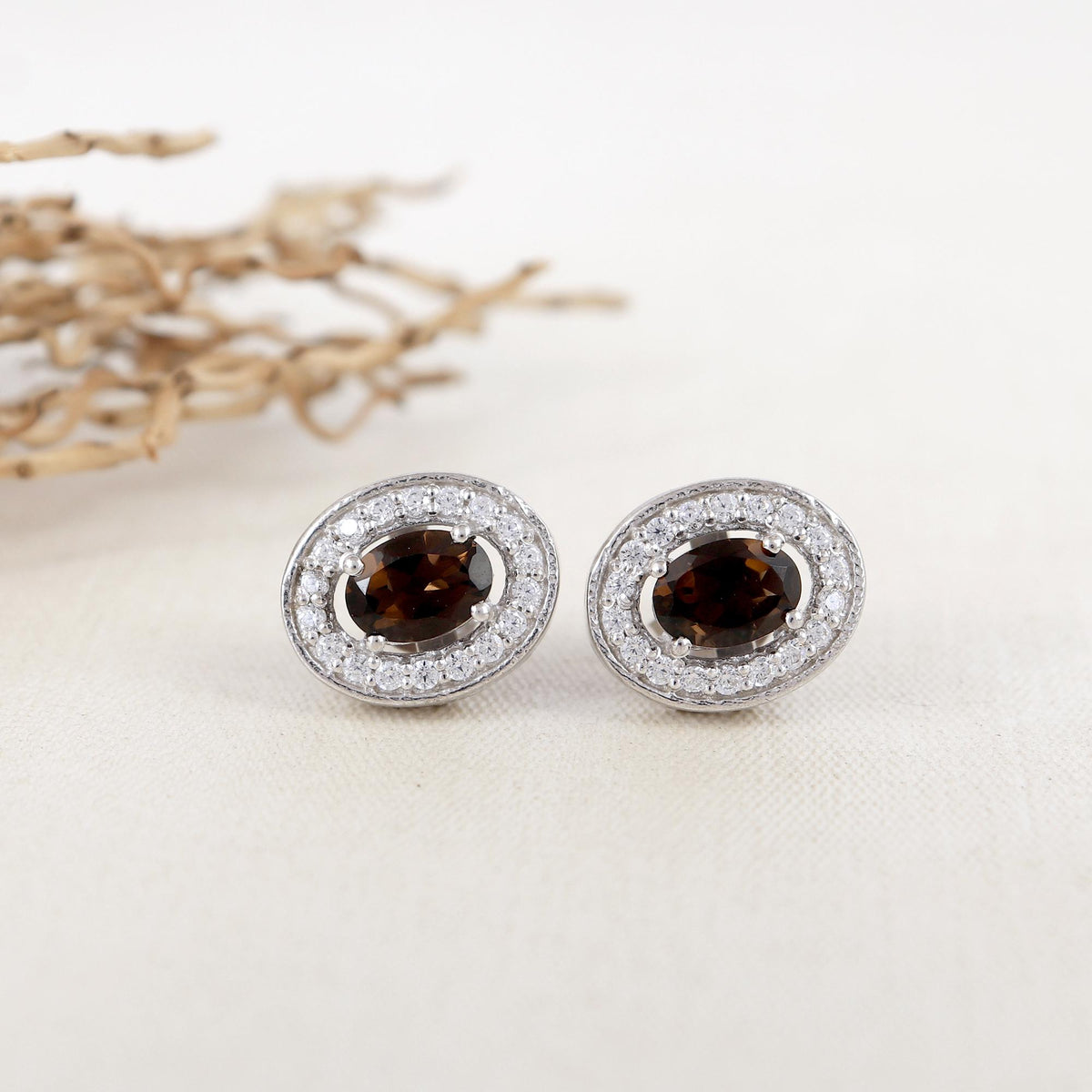 Smokey Quartz Sterling Silver Earrings: Oval Halo, Minimalist Jewelry