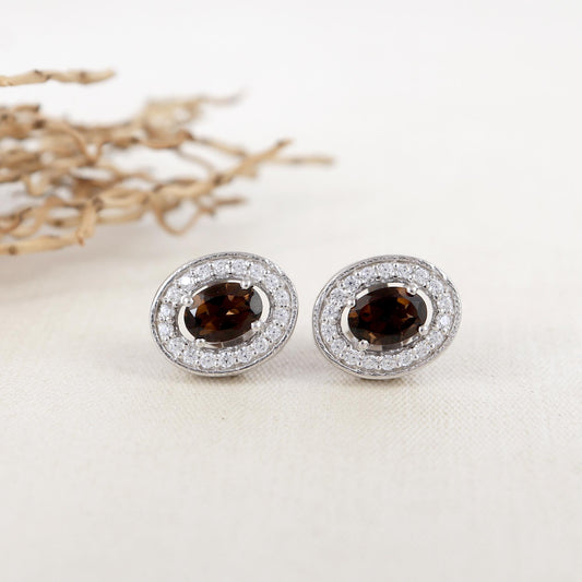 Smokey Quartz Sterling Silver Earrings: Oval Halo, Minimalist Jewelry