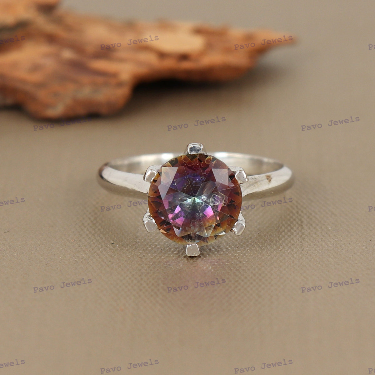 Mystic Topaz Solitaire Ring, Round Cut 925 Sterling Silver, Rainbow Gemstone