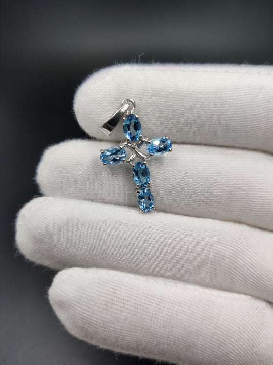 Art Deco Swiss Blue Topaz Sterling Silver Cross Pendant - December Birthstone