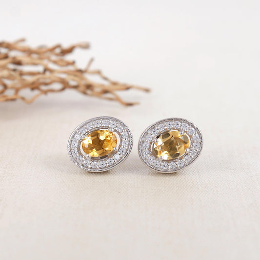 Citrine Sterling Silver Earrings: Oval Halo, November Birthstone