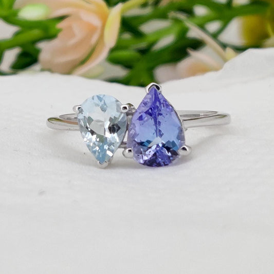 Tanzanite & Aquamarine Ring, 925 Sterling Silver, Multi Stone Band Jewelry, Birthstone Gift