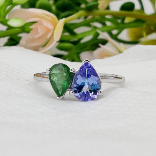 Tanzanite & Emerald Ring, 925 Sterling Silver, Multi Stone Band Jewelry, Birthstone Gift