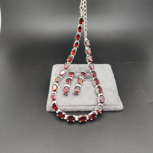 Oval Garnet Necklace Earrings Set, 925 Sterling Silver, January Birthstone Bridal Jewelry
