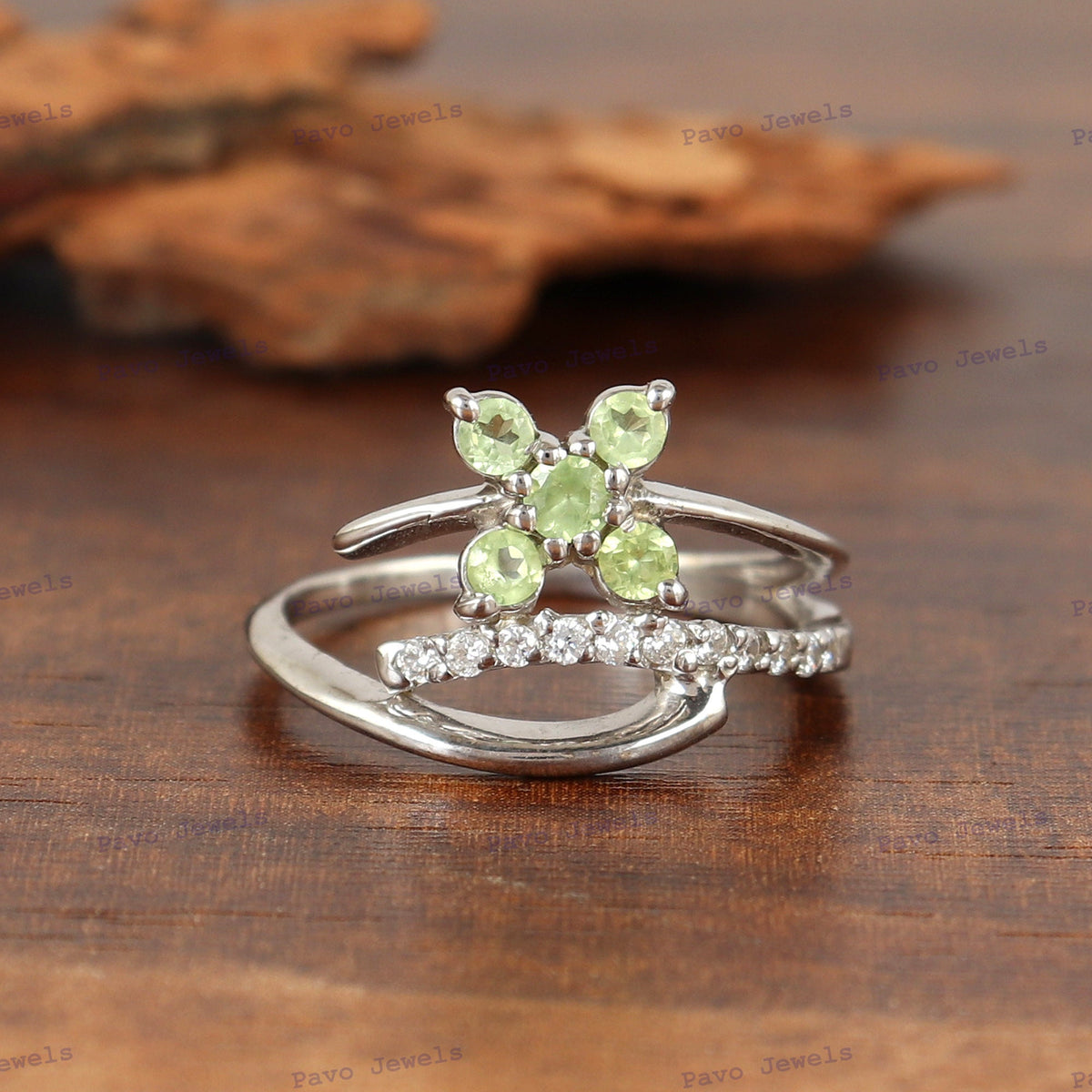 Sterling Silver Peridot Floral Ring, August Birthstone Statement Jewelry