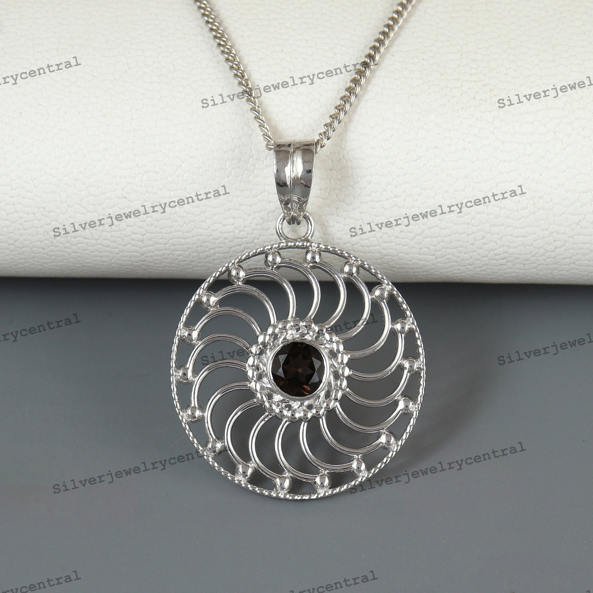 Sterling Silver Multi Stone Pendant Necklace, Amethyst, Rose Quartz, Smoky Quartz
