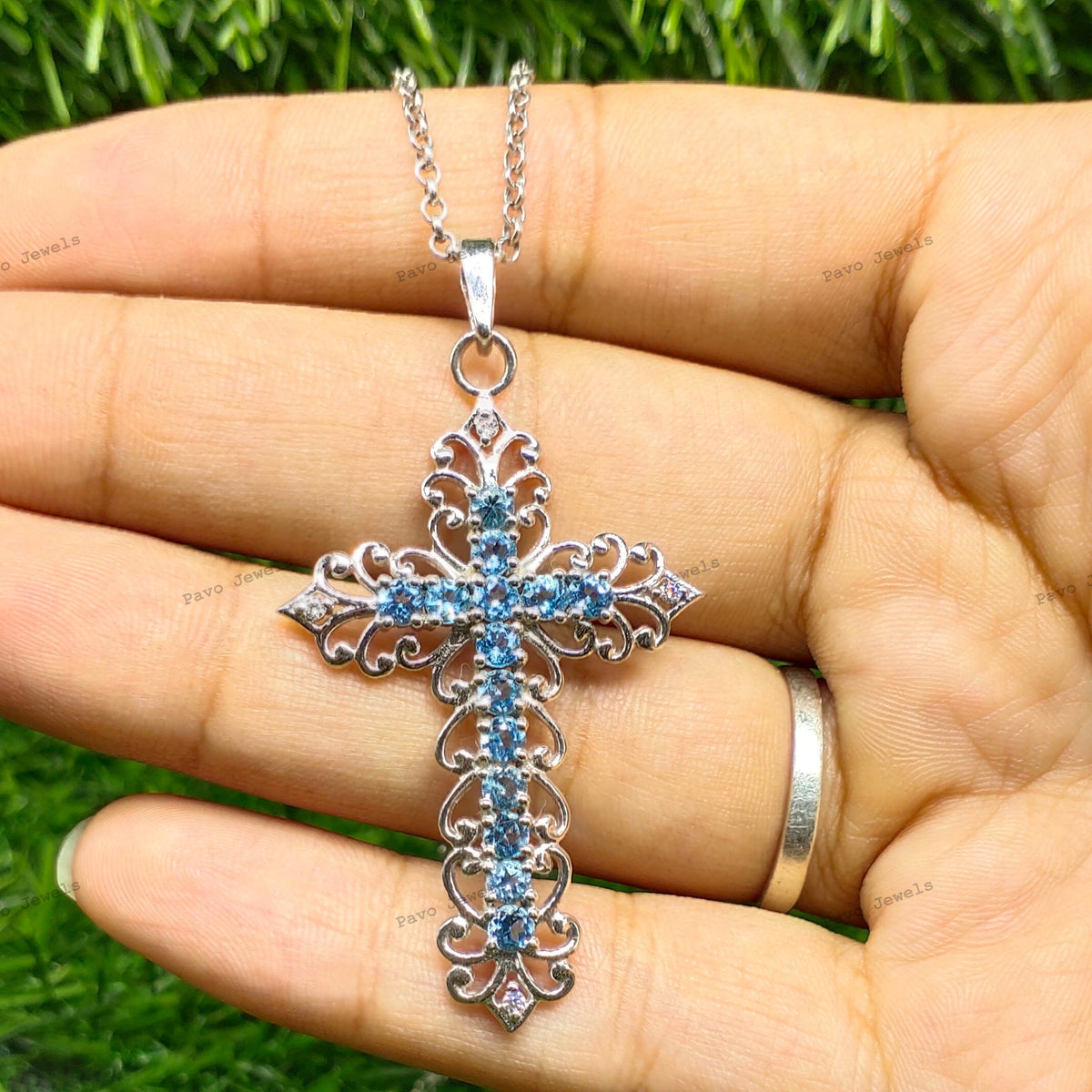 Dainty Swiss Blue Topaz Cross Necklace, 925 Silver Crucifix Pendant, Christian Jewelry