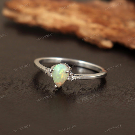 Natural Ethiopian Welo Opal Pear Cut Ring, Sterling Silver, October Birthstone Jewelry