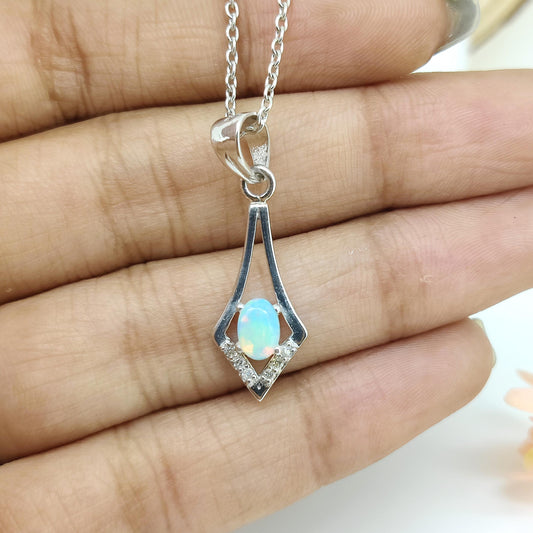 Natural Opal Oval Pendant, 925 Sterling Silver, October Birthstone Necklace
