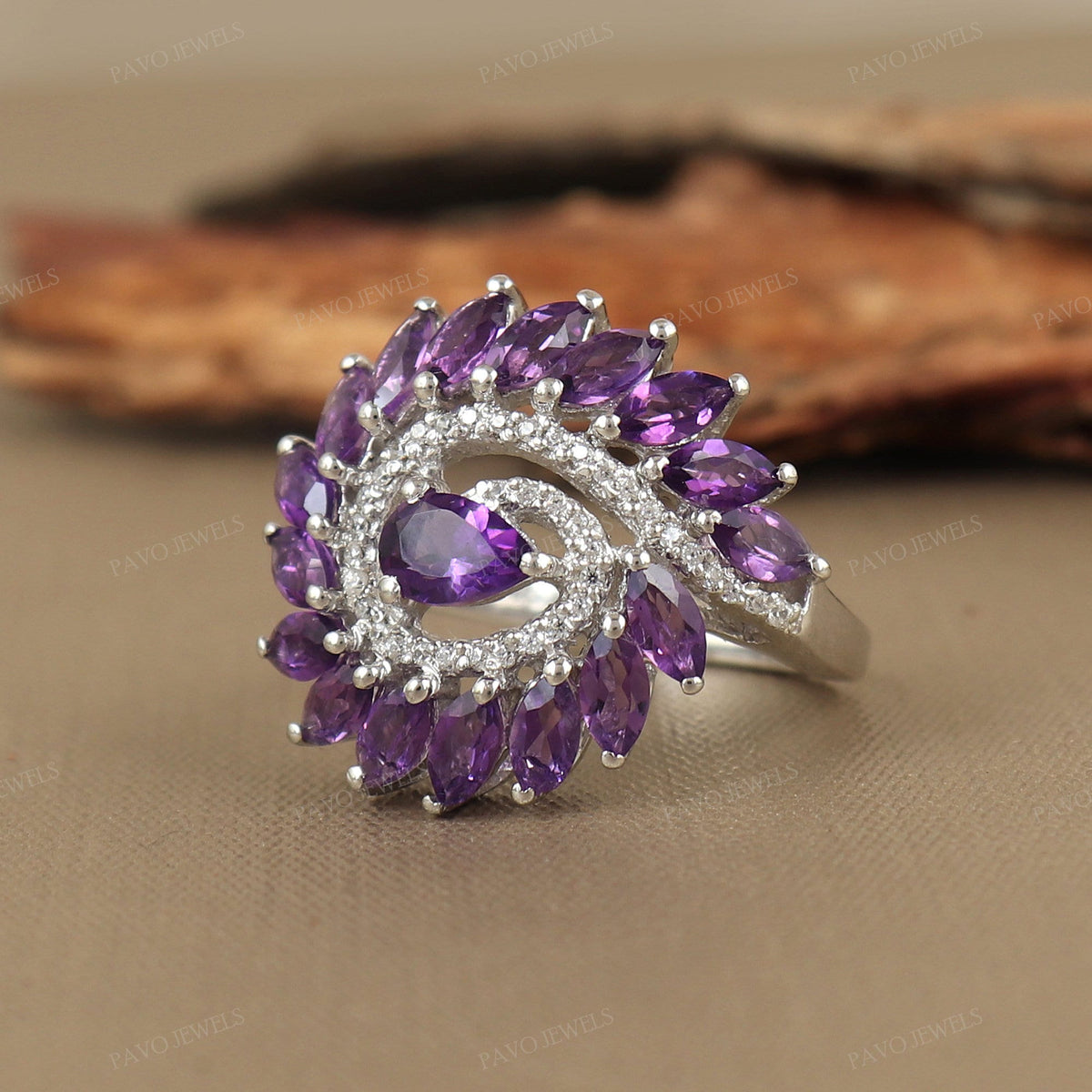 Natural Amethyst Marquise Cut Ring, 925 Sterling Silver Statement Ring, February Birthstone Bridal Jewelry