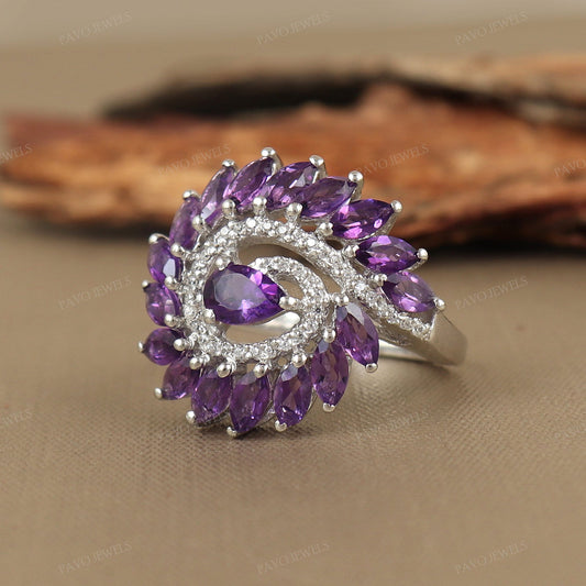 Natural Amethyst Marquise Cut Ring, 925 Sterling Silver Statement Ring, February Birthstone Bridal Jewelry