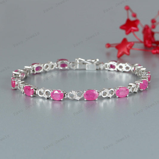 Natural Oval Ruby Tennis Bracelet, 925 Sterling Silver, July Birthstone, Pink Gemstone