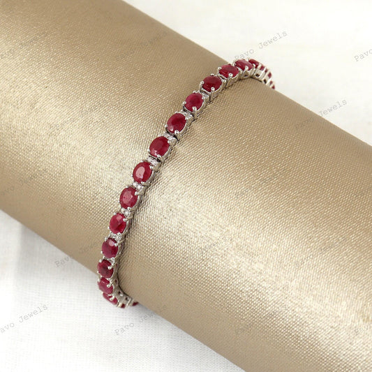 Natural Oval Ruby Tennis Bracelet, 925 Sterling Silver, July Birthstone, Anniversary Gift