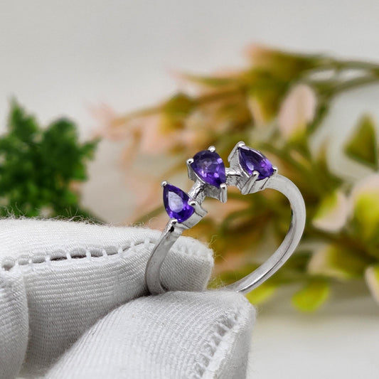 Amethyst Pear Ring: Handmade 925 Sterling Silver Gemstone February Birthday