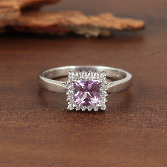 Natural Amethyst Sterling Silver Ring, Square Cut Purple Gemstone Bridal Jewelry