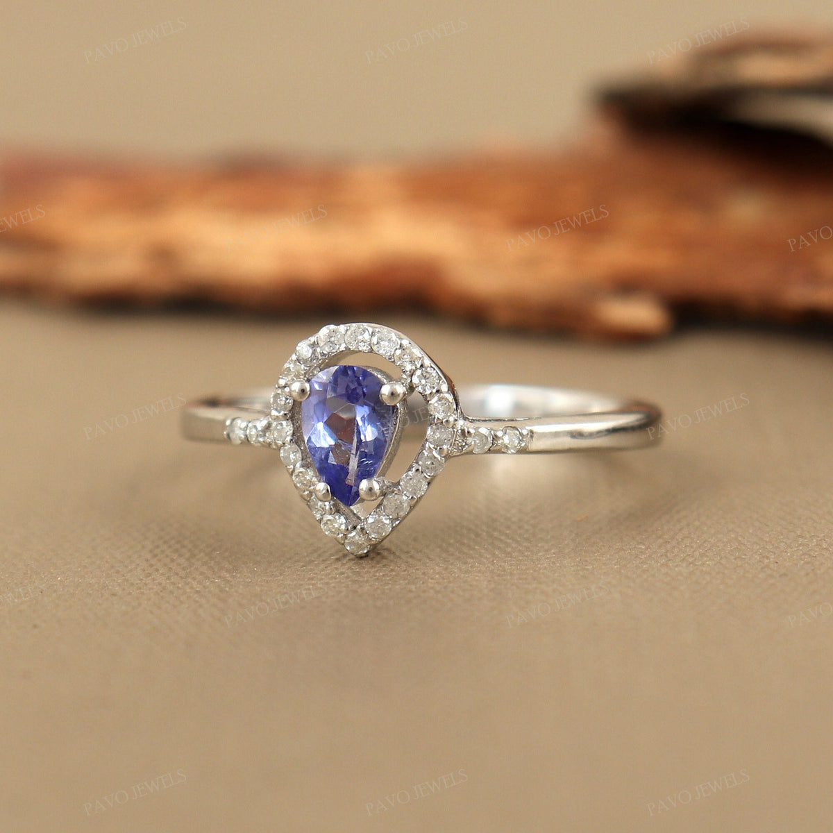Sterling Silver Pear Tanzanite Diamond Halo Ring, Blue Violet Gemstone Band