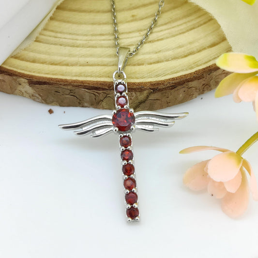 Sterling Silver Garnet Cross Pendant, January Birthstone Necklace