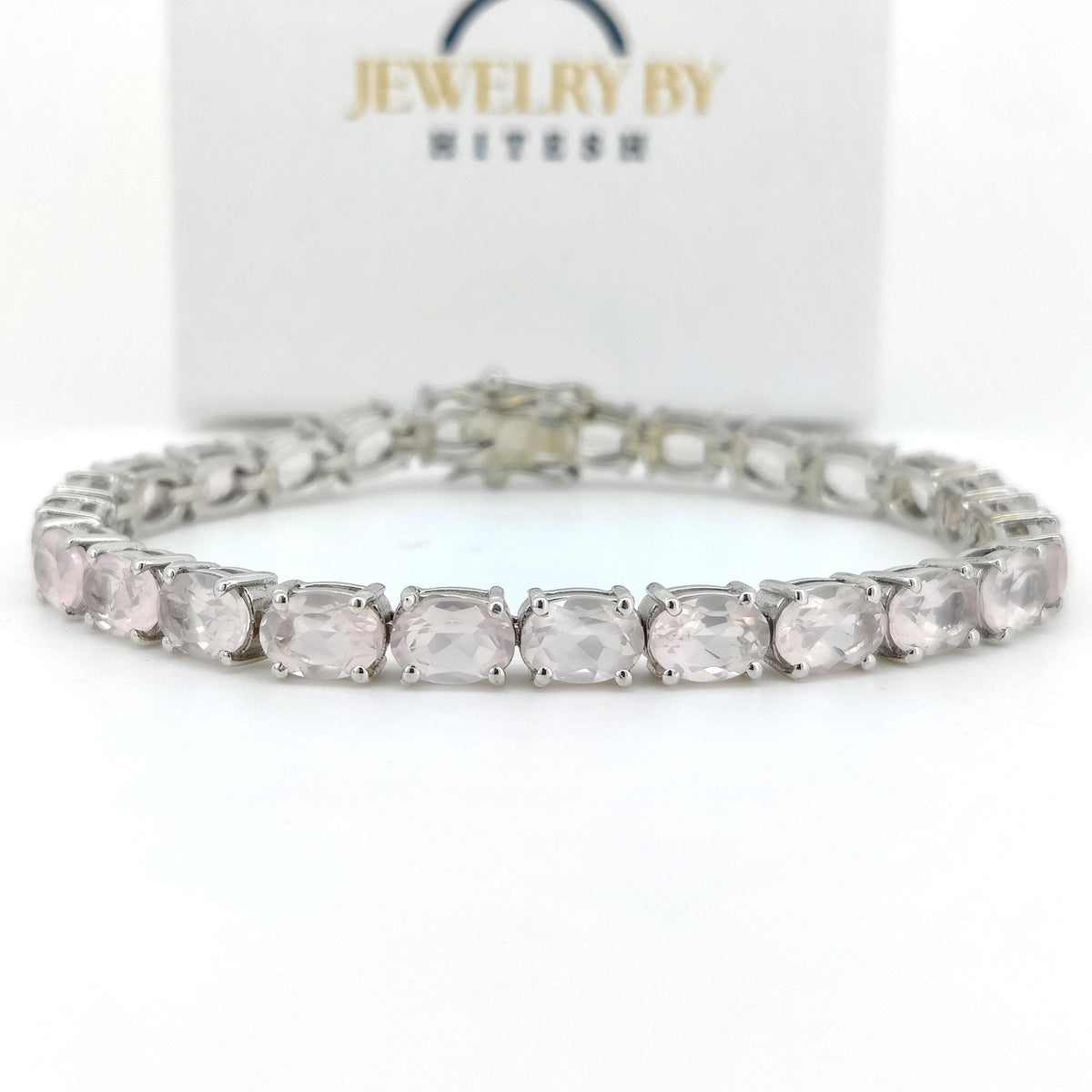Rose Quartz Bracelet: Oval Gemstone, 925 Sterling Silver Tennis Bracelet