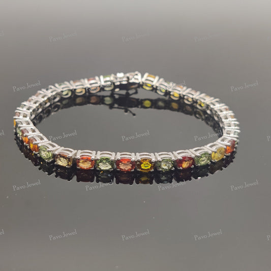Natural Multi Sapphire Tennis Bracelet, Handmade Sterling Silver Birthstone Jewelry