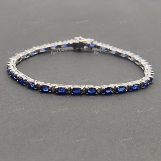 Natural Blue Sapphire Tennis Bracelet, Sterling Silver 3x5 mm Oval Cut Gemstone Jewelry