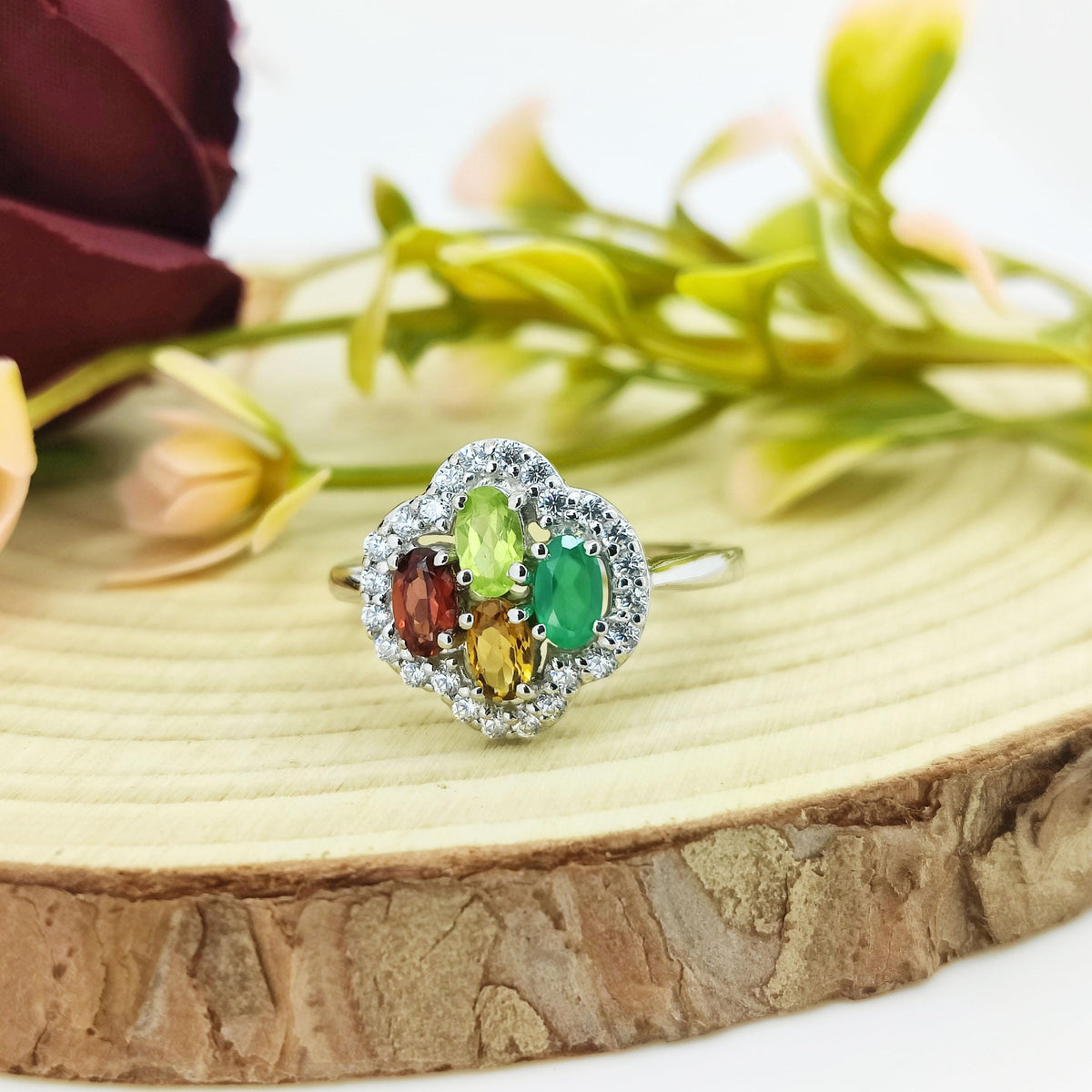 Natural Multi Gemstone Ring-925 Sterling Silver-Cluster Ring-Birthstone Jewelry-Multi Stone Engagement Ring-Anniversary Gift for wife