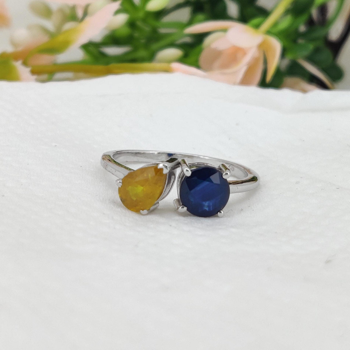 Handmade Multi Sapphire Sterling Silver Ring, Unique Two Stone Wedding Band