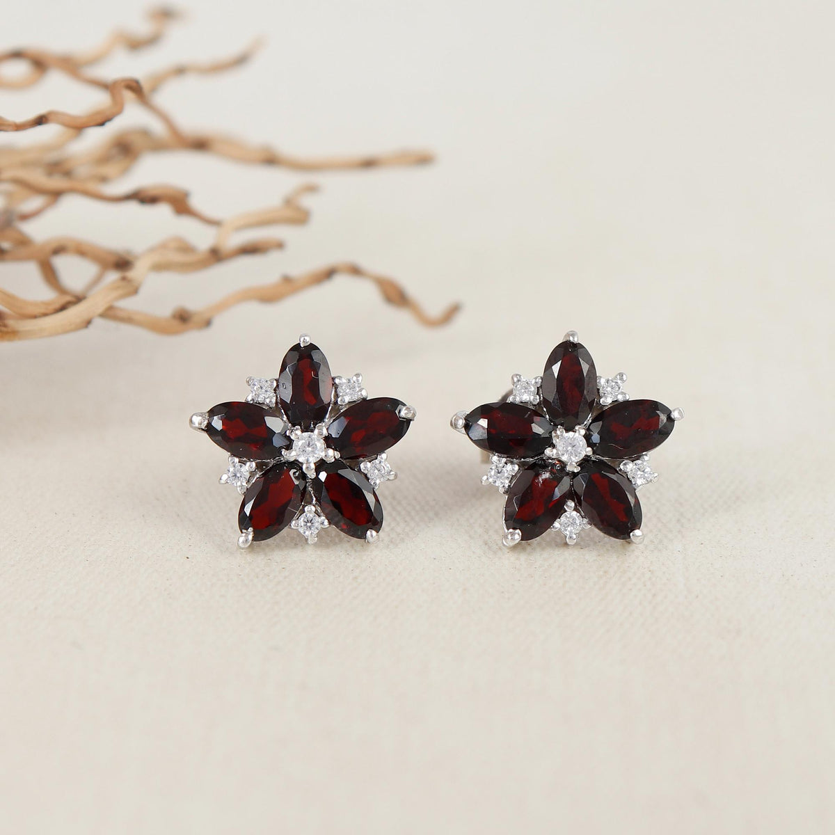 Garnet Flower Stud Earrings: 925 Sterling Silver, January Birthstone