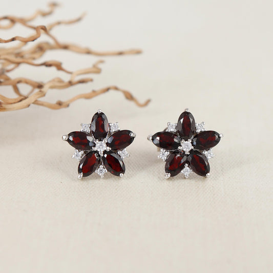 Garnet Flower Stud Earrings: 925 Sterling Silver, January Birthstone