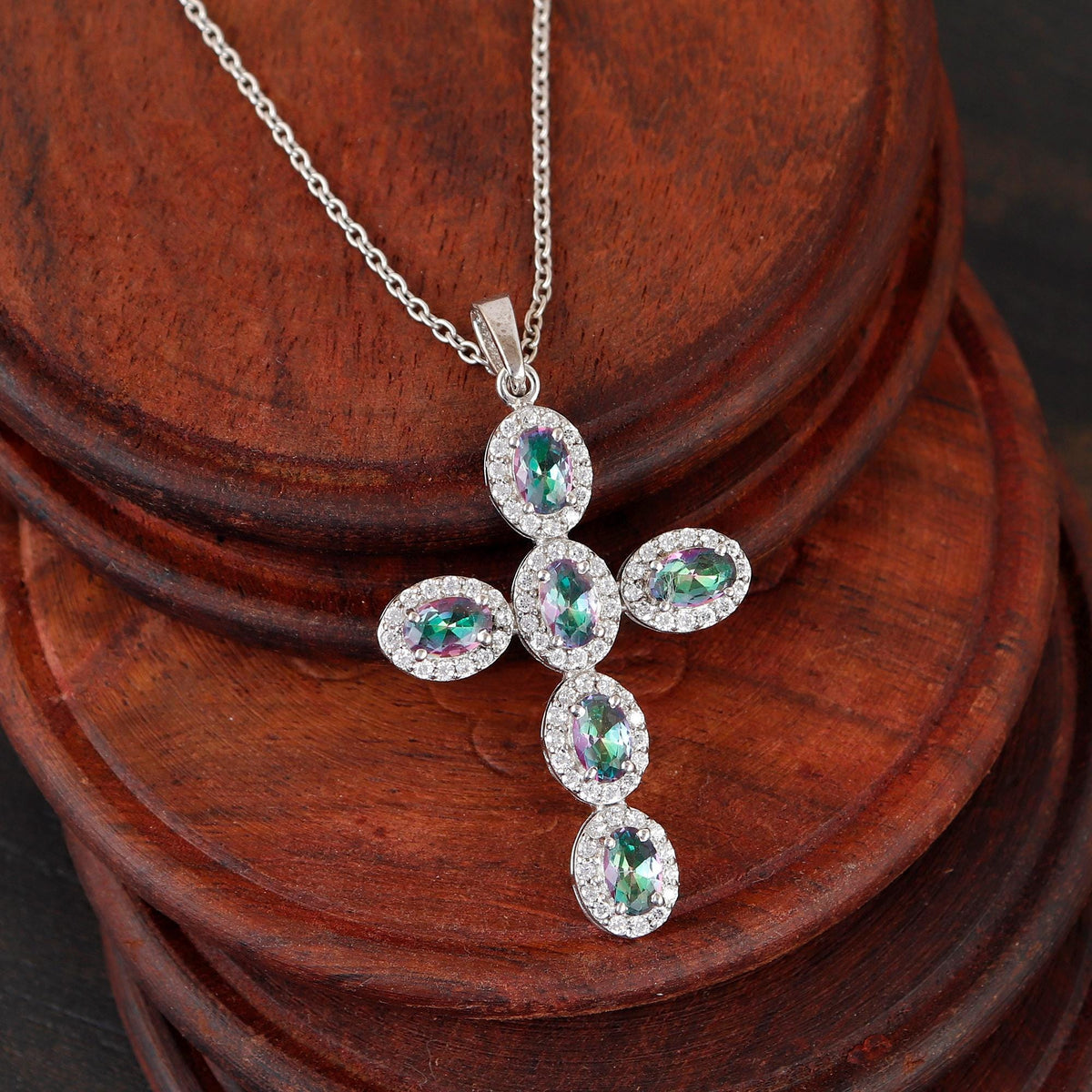 Mystic Topaz Cross Pendant Necklace, Sterling Silver, Oval Cut Gemstone, Religious Jewelry