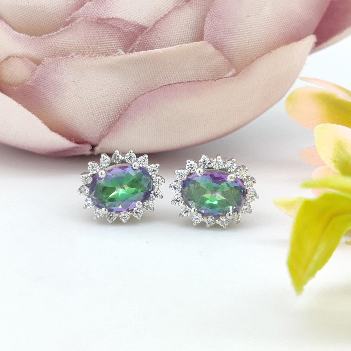 Natural Mystic Topaz Stud Earring-Oval Gemstone-925 Sterling Silver-Mystic Topaz Jewelry-November Birthstone Earrings-Anniversary Gift