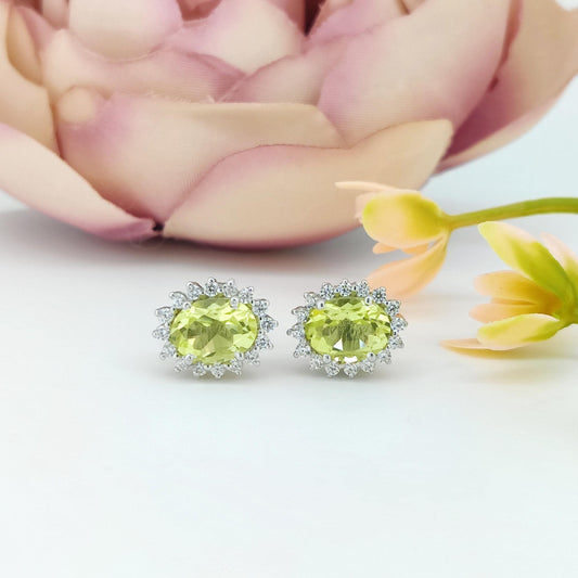Natural Lemon Topaz Stud Earring-Gemstone Cluster Earring-925 Sterling Silver-Oval Lemon Jewelry-Cubic Zircon-November Birthstone Jewelry
