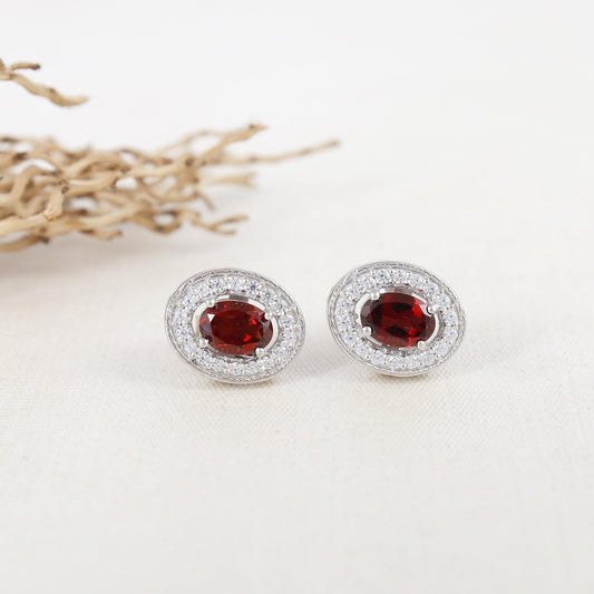 Oval Garnet Sterling Silver Earrings: CZ Diamond Halo, Gift for Her