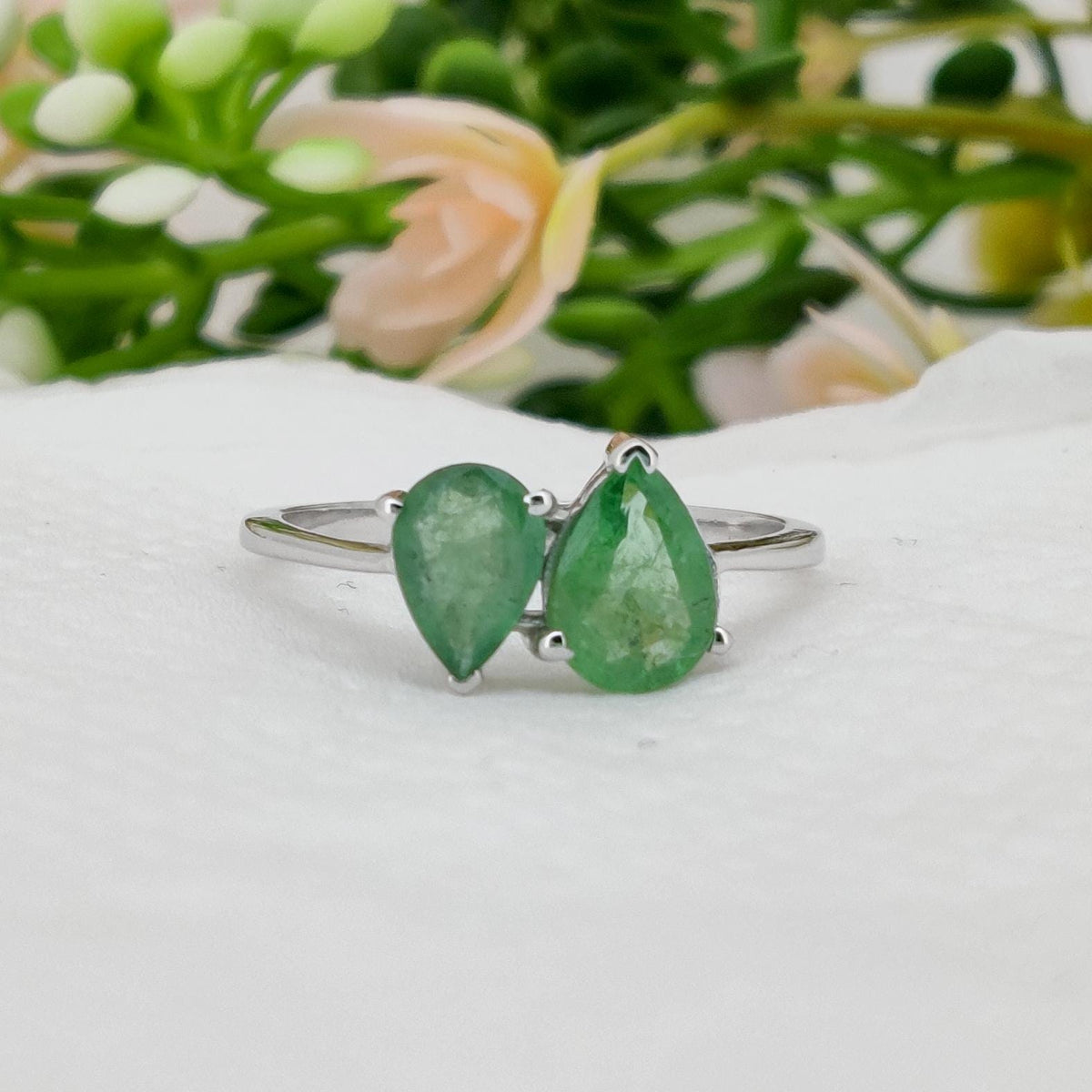 Natural Emerald Sterling Silver Ring, Toi Et Moi Ring, May  Birthstone