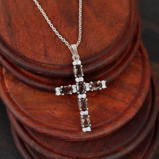 Natural Smoky Quartz Silver Cross Pendant, Sterling Silver Faith Jewelry
