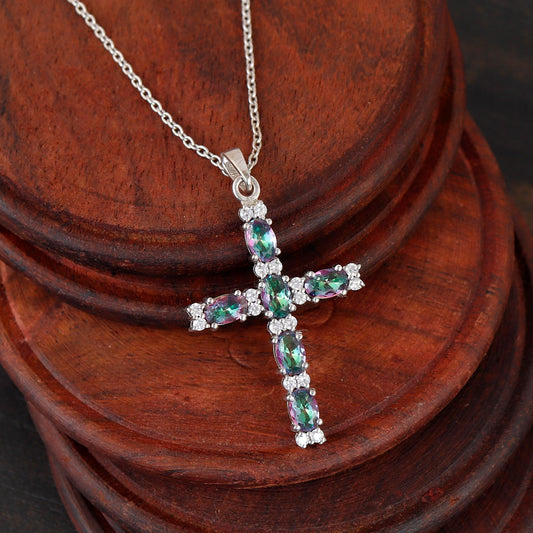 Mystic Topaz Cross Silver Necklace Oval Handmade Religious Gift for Her