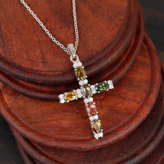 Multi Tourmaline Cross Silver Pendant Oval Handmade Jewelry Birthstone
