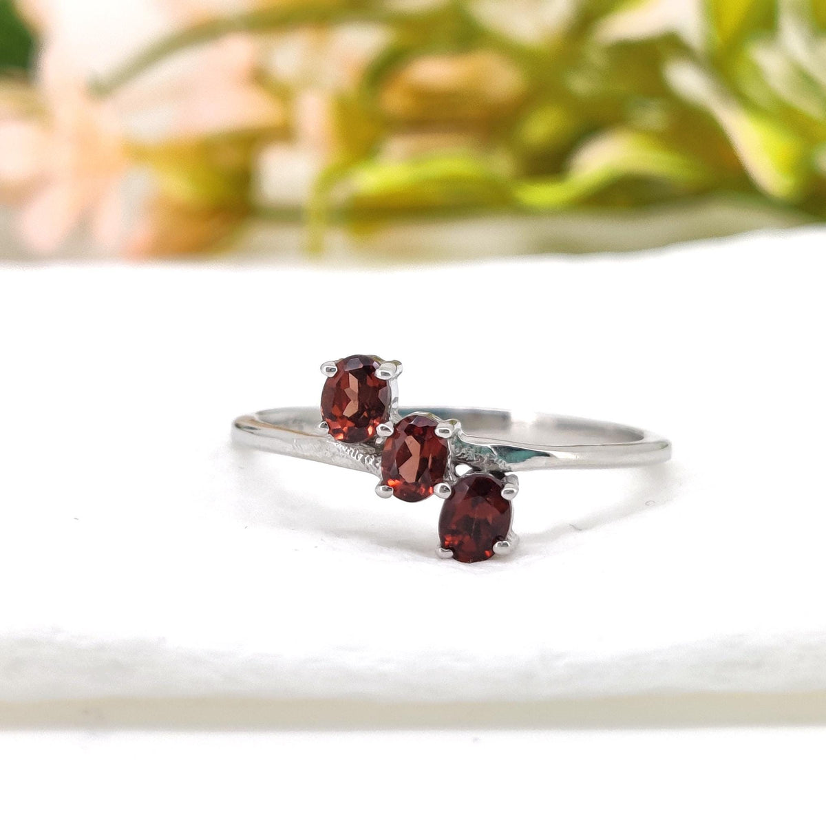 Garnet Sterling Silver Ring: Oval Gemstone Stacking Band Ring