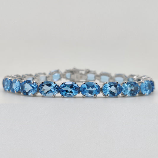 925 Sterling Silver Swiss Blue Topaz Oval Tennis Bracelet, December Birthstone Jewelry
