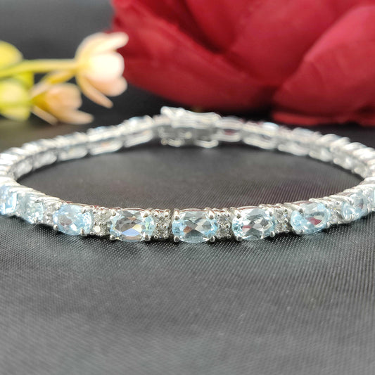 Oval Blue Topaz Tennis Bracelet, Sterling Silver, December Birthstone, Anniversary Gift Her