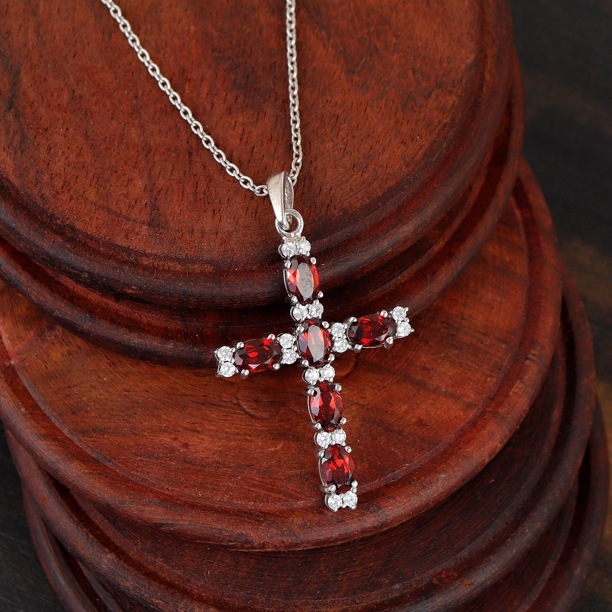 Dainty Garnet Silver Cross Necklace Handmade Red Gemstone Holy Jewelry