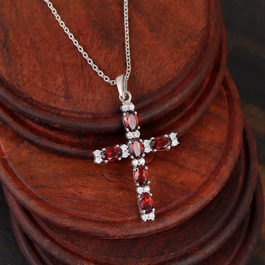 Dainty Garnet Silver Cross Necklace Handmade Red Gemstone Holy Jewelry