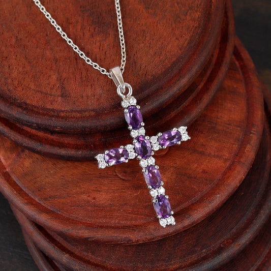 Purple Amethyst Cross Handmade Pendant Sterling Silver February Birthstone