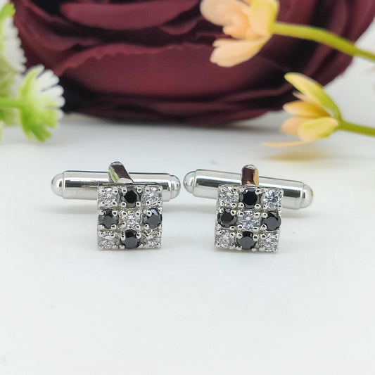 Sterling Silver Black White Cubic Zirconia Square Cufflinks, Formal Men's Tuxedo Accessories