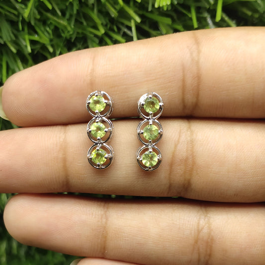 Natural Peridot Stud Earrings, Solid 925 Silver, August Birthstone, Round Faceted Gemstone