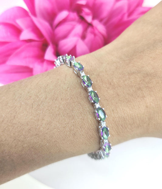 Oval Mystic Topaz Tennis Bracelet, 925 Sterling Silver, Rainbow Gemstone Jewelry