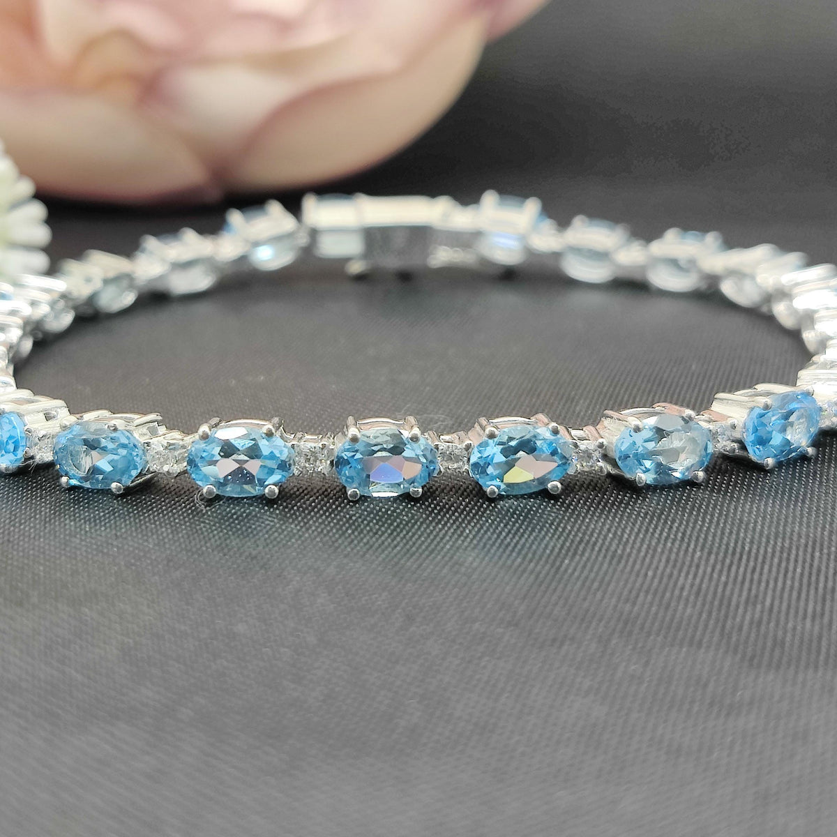 Natural Swiss Blue Topaz Tennis Bracelet, 925 Sterling Silver, December Birthstone, Bridal Jewelry